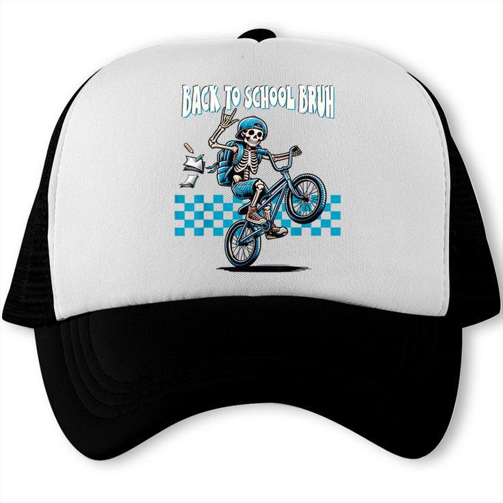 Back To School Bruh Boy Skeleton Riding On a BMX Bike Trucker Cap