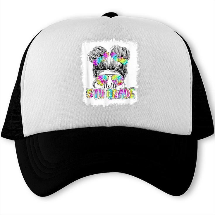 Back To School Hello 5th Grade Cute Messy Bun Tie Dye Girls Trucker Cap