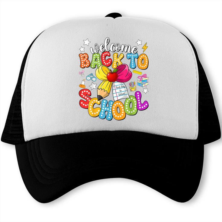 Back To School Pencil Coquette Bow First Day Of School Kids Trucker Cap
