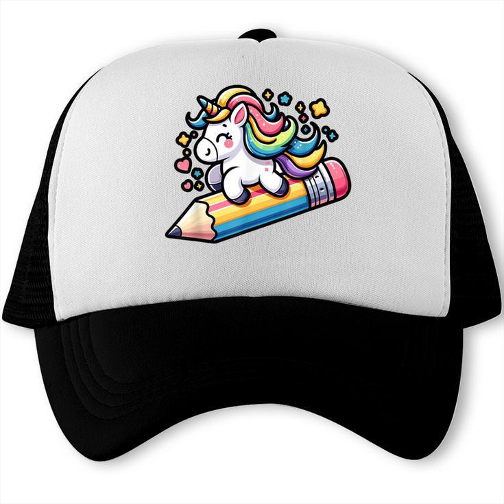 Back To School Unicorn Riding A Pencil Trucker Cap