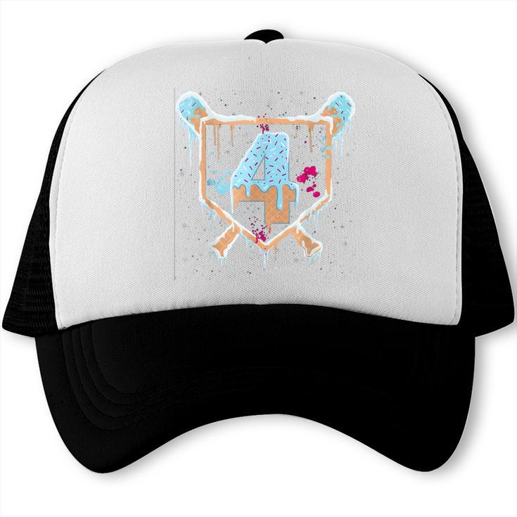 Baseball 4 Year Old Ice Cream Drip 4th Birthday Boy Number 4 Trucker Cap Baseball 4 Year Old Ice Cream Drip 4th Birthday Boy Number 4 Trucker Cap