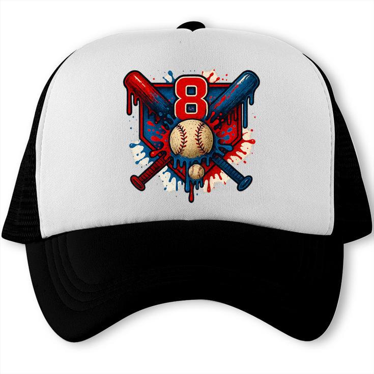 Baseball 8 Year Old Splash Drip 8th Birthday Boy Number 8 Trucker Cap