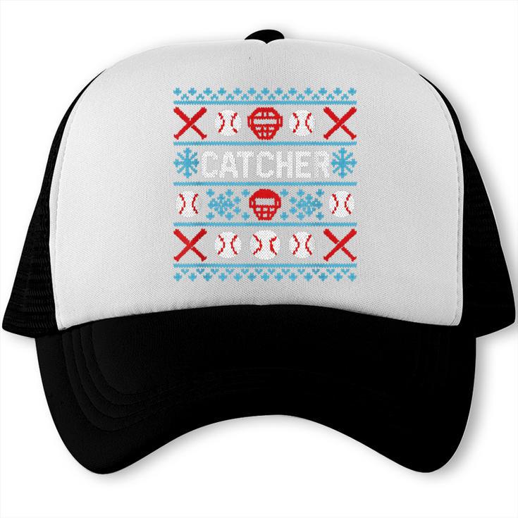 Baseball Catcher Ugly Christmas Sweater Pattern Sports Xmas Trucker Cap