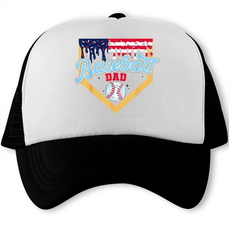 Baseball Dad Ice Cream Drip Father American Flag 4th Of July Trucker Cap
