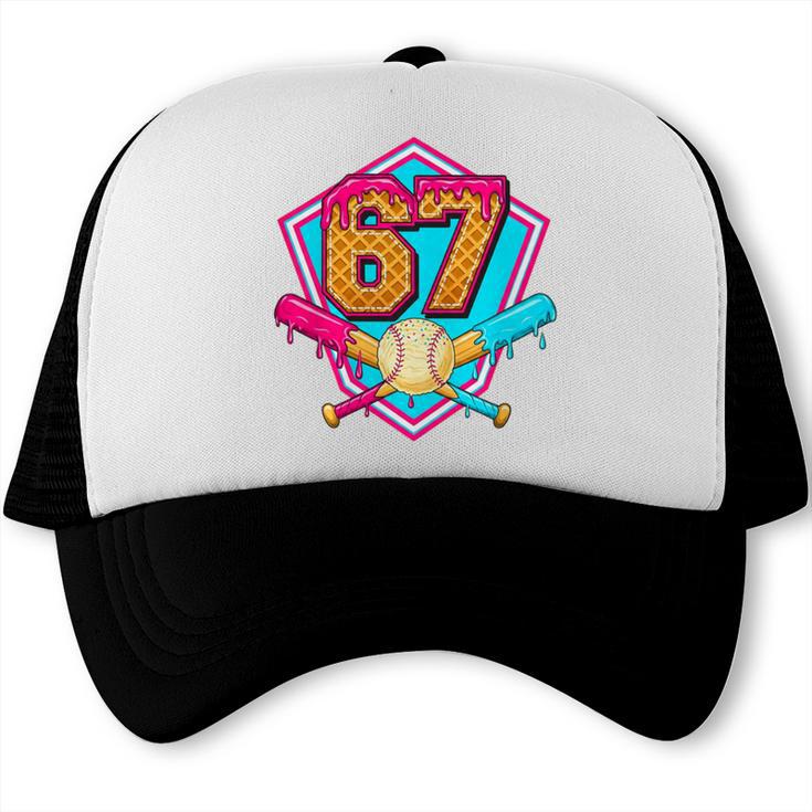 Baseball Drip Jersey Number 67 For Players & 67th Birthday Premium Tri-Blend Trucker Cap