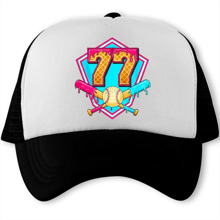 Baseball Drip Jersey Number 77 For Players & 77th Birthday Trucker Cap