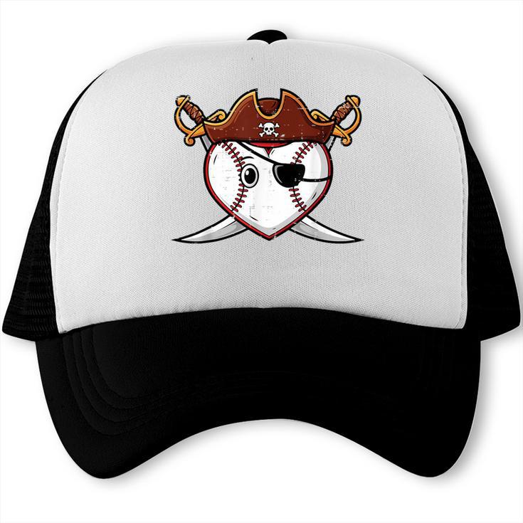 Baseball Heart Pirate Hat Crossed Swords Men Boys Kids Youth Trucker Cap