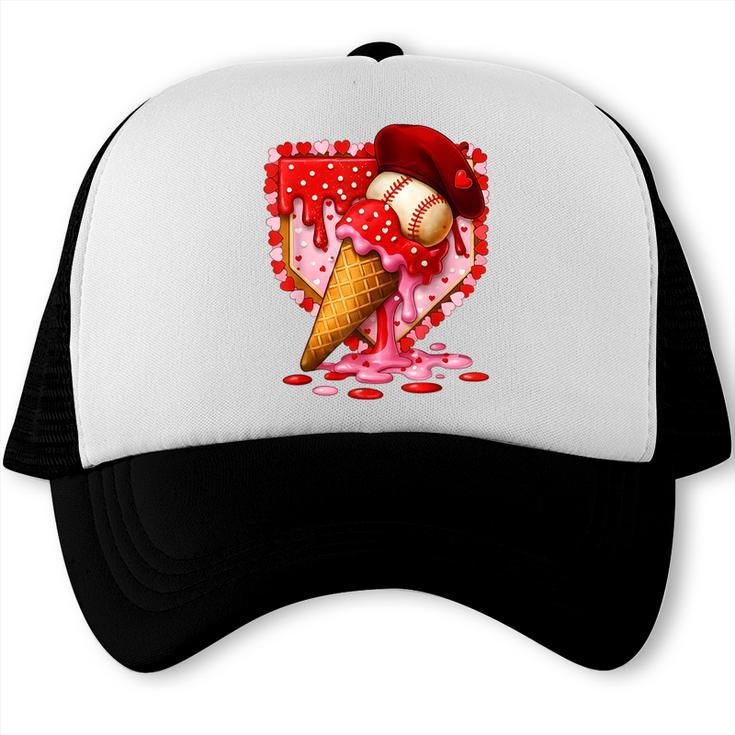 Baseball Heart Valentine Baseball Ice Cream Drip Boys Girls Trucker Cap Baseball Heart Valentine Baseball Ice Cream Drip Boys Girls Trucker Cap