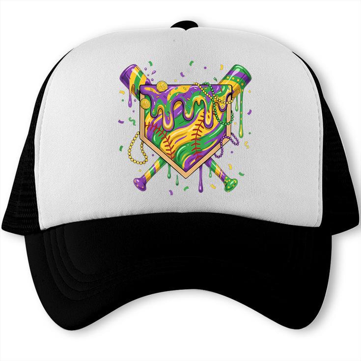 Baseball Mardi Gras Home Plate Ice Cream Drip Carnival Mask Trucker Cap