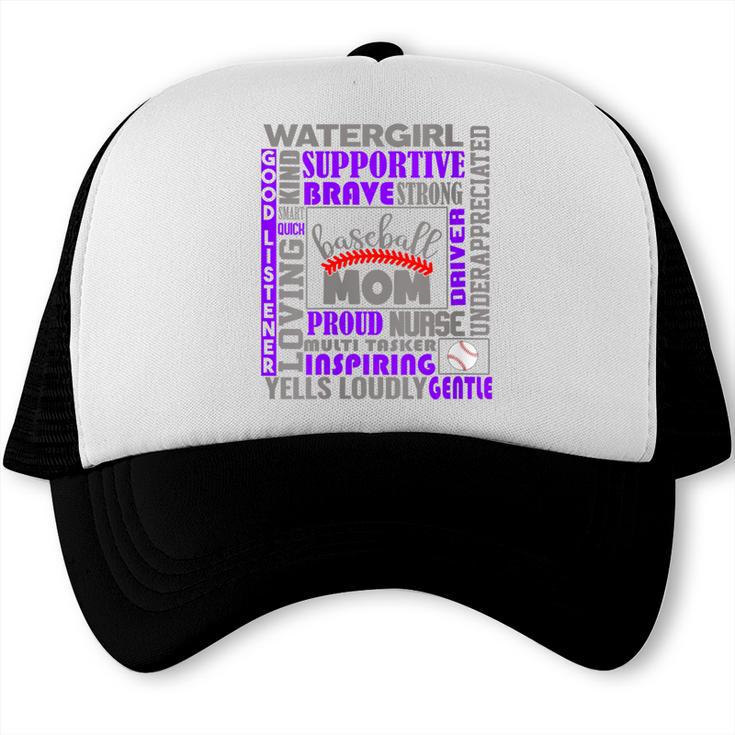 Baseball Mom Traits For Great Mothers Grey And Purple Trucker Cap Baseball Mom Traits For Great Mothers Grey And Purple Trucker Cap