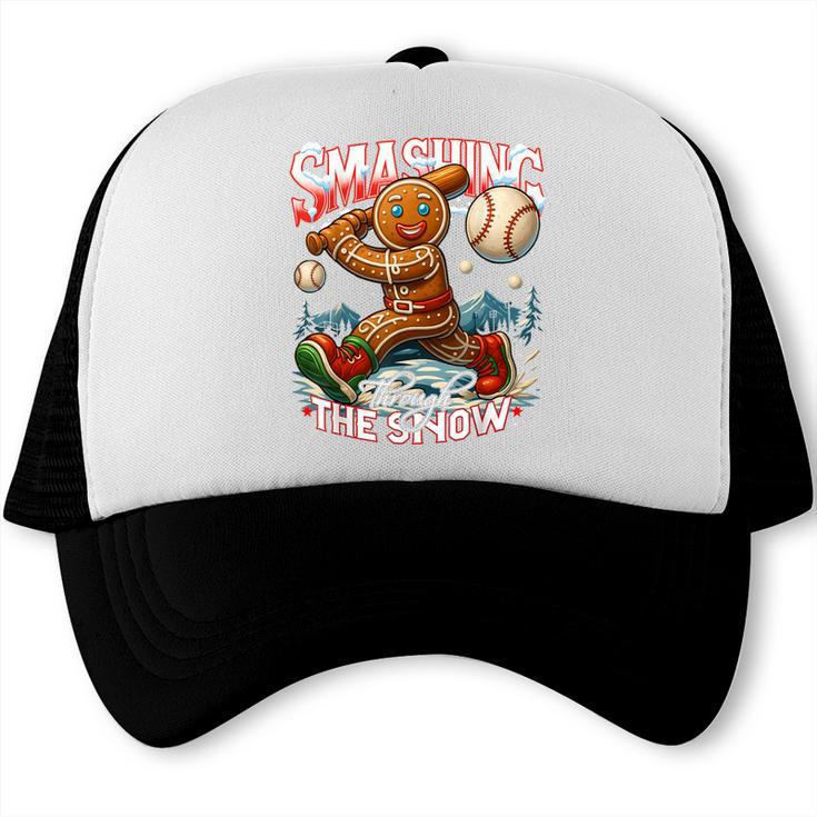 Baseball Player Christmas Gingerbread Smashing Through Snow Trucker Cap