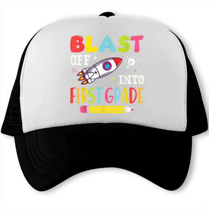Blast Off Into First Grade Back To School Kids Rocket Space Trucker Cap