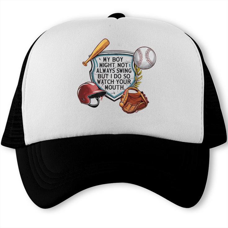 My Boy Might Not Always Swing Baseball Mom Premium Trucker Cap My Boy Might Not Always Swing Baseball Mom Premium Trucker Cap