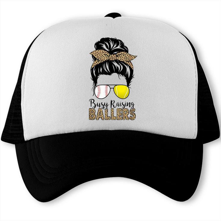 Busy Raising Ballers Tennis Baseball Mom Messy Bun Leopard Trucker Cap Busy Raising Ballers Tennis Baseball Mom Messy Bun Leopard Trucker Cap