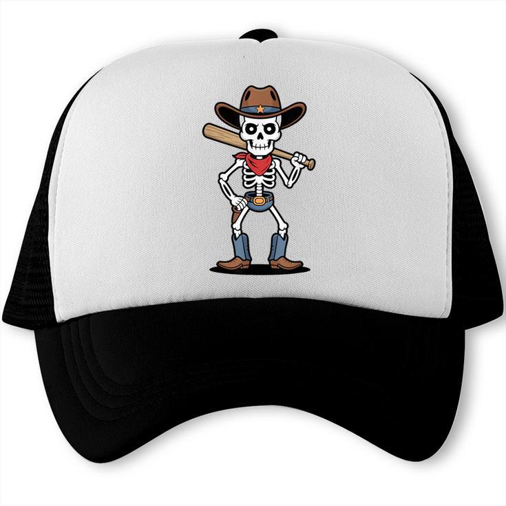 Cowboy Skeleton Baseball Halloween Graphic Trucker Cap