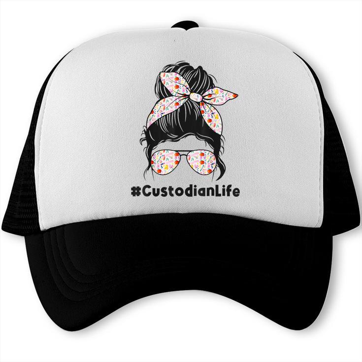 Custodian Life Messy Bun Hair Glasses Leopard Back To School Trucker Cap Custodian Life Messy Bun Hair Glasses Leopard Back To School Trucker Cap