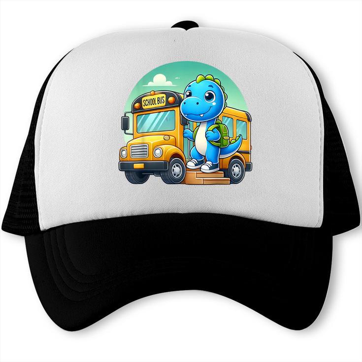 Dinosaur Kids Riding a Bus Back To School Ready To Crush Trucker Cap