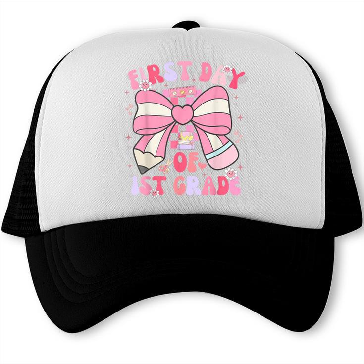 First Day Of 1st Grade Coquette Back To School Girls Kids Trucker Cap First Day Of 1st Grade Coquette Back To School Girls Kids Trucker Cap