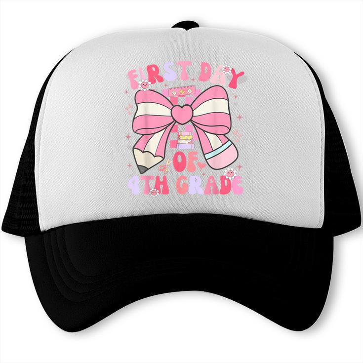 First Day Of 4th Grade Coquette Back To School Girls Kids Trucker Cap First Day Of 4th Grade Coquette Back To School Girls Kids Trucker Cap