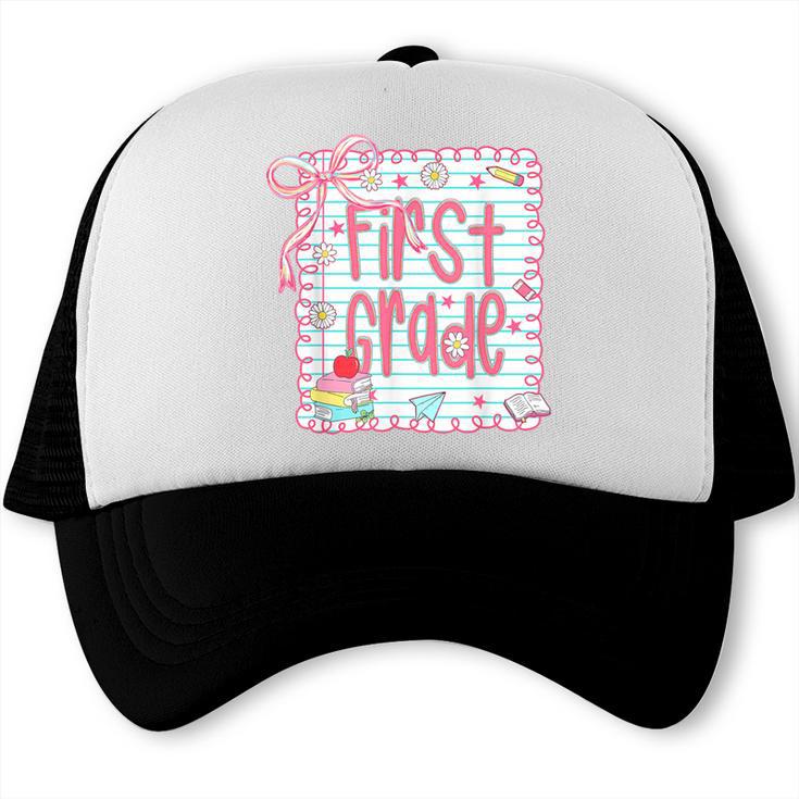 First Grade Coquette Bow Pink Preppy Back To School Girls Trucker Cap