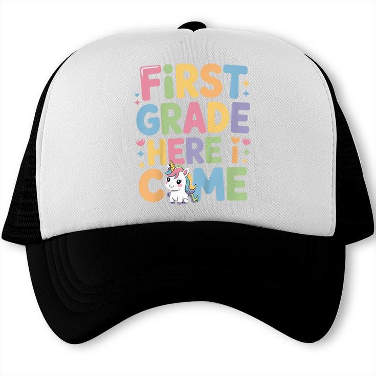 First Grade Here I Come Unicorn Back To School Trucker Cap