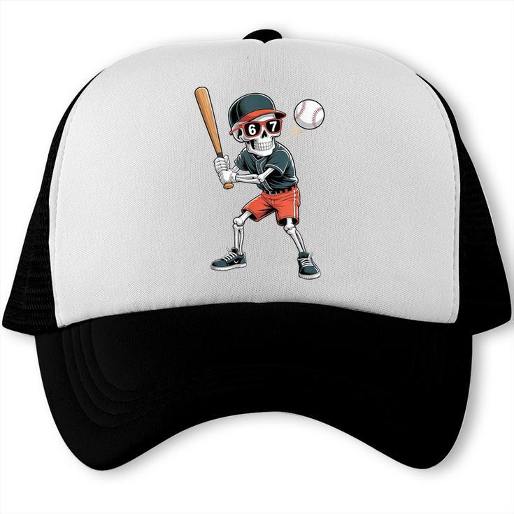 Halloween Skeleton Playing Baseball 67 Six Seven Meme Trucker Cap Halloween Skeleton Playing Baseball 67 Six Seven Meme Trucker Cap