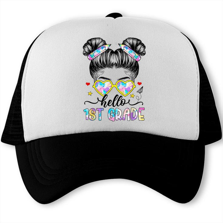 Hello 1st Grade Messy Bun Girl Back To School First Day Trucker Cap Hello 1st Grade Messy Bun Girl Back To School First Day Trucker Cap