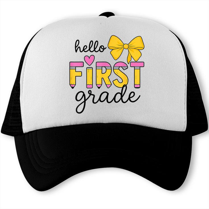 Hello First Grade For Girls Boys Cute Back To School Pencil Trucker Cap Hello First Grade For Girls Boys Cute Back To School Pencil Trucker Cap