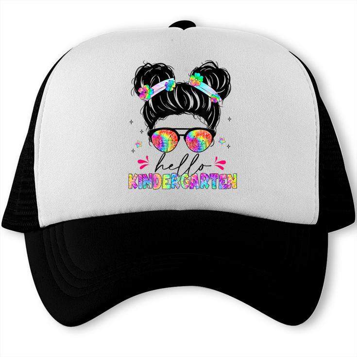Hello Kindergarten Shirt Messy Bun Tie Dye Back To School Trucker Cap Hello Kindergarten Shirt Messy Bun Tie Dye Back To School Trucker Cap