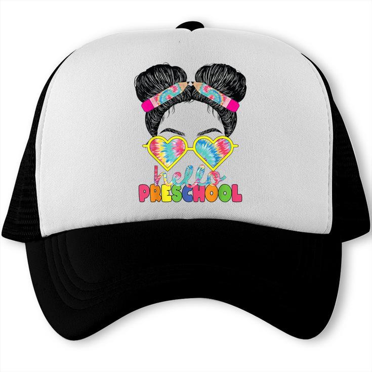 Hello Preschool Messy Bun Tie Dye Back To School Girls Kids Trucker Cap