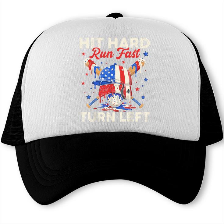 Hit Hard Run Fast Turn Left Baseball Cream Drip Crossed Bats Trucker Cap