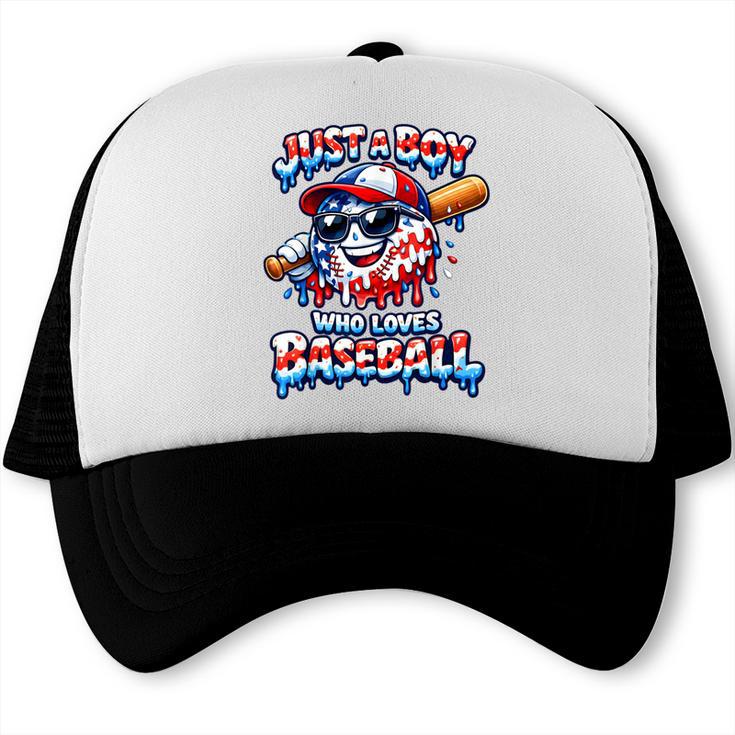 Just A Boy Who Loves Baseball Patriotic Drip For Youth Boys Trucker Cap