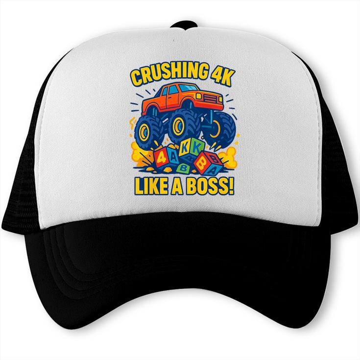 Kids 4k Boys Back To School Shirt Monster Truck Crushing 4k Trucker Cap