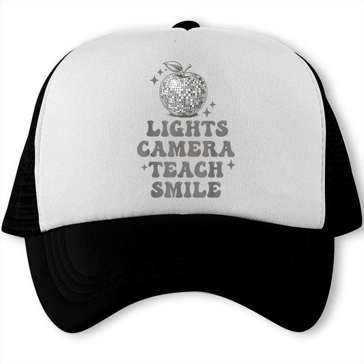 Lights Camera Teach Smile Disco-Ball Back To School Outfit Trucker Cap