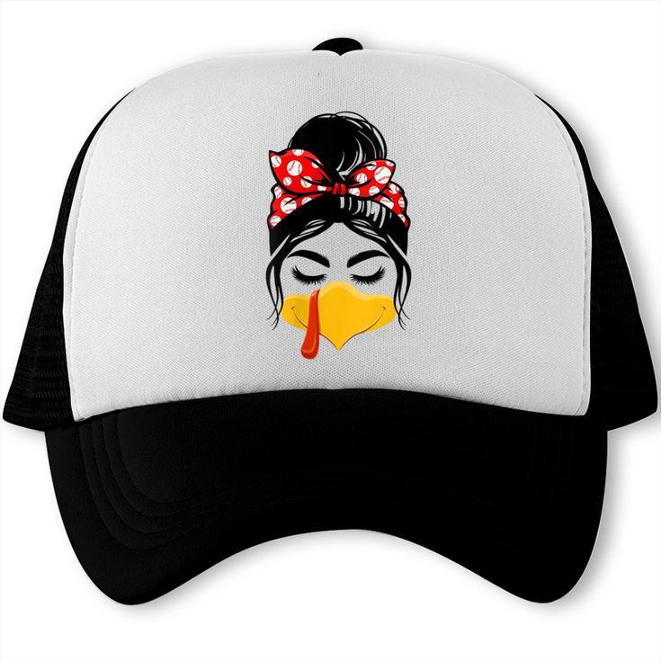 Messy Bun Baseball Mom Turkey Face Matching Thanksgiving Trucker Cap