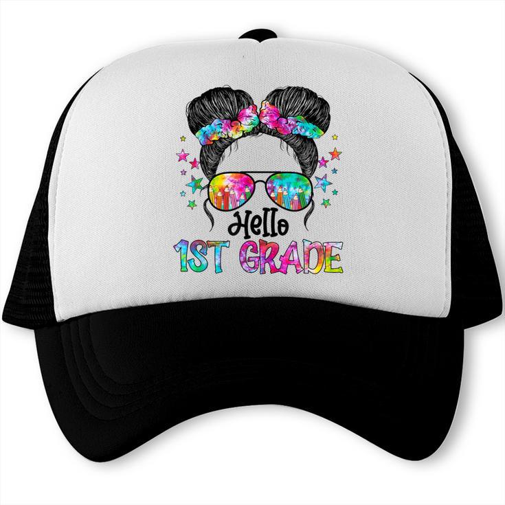 Messy Hair Bun Girl Back To School First Day Hello 1st Grade Trucker Cap