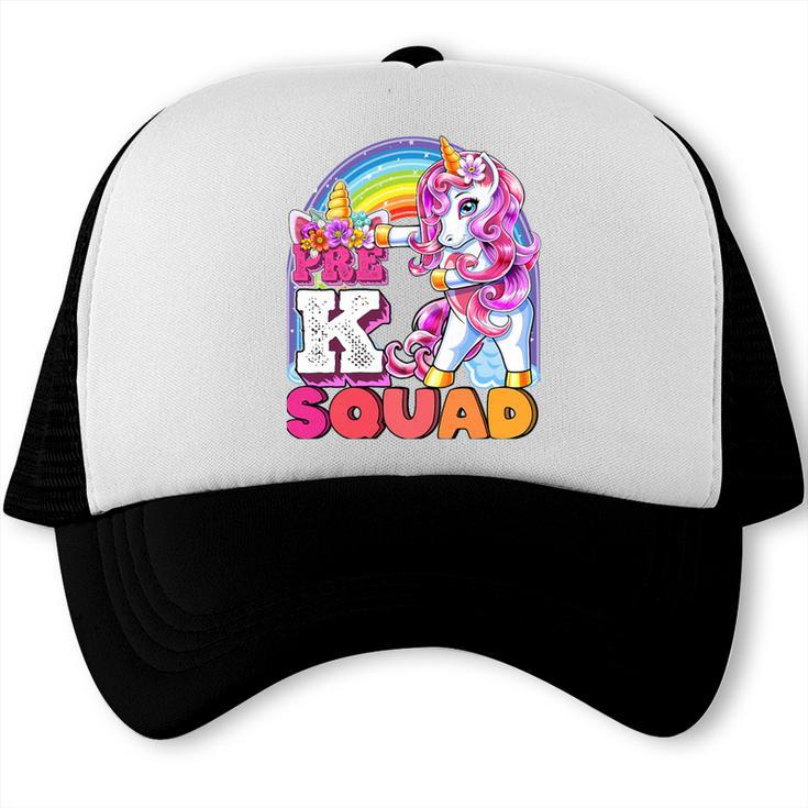Pre-K Squad Flossing Unicorn Back To School Girls Premium Tri-Blend Trucker Cap
