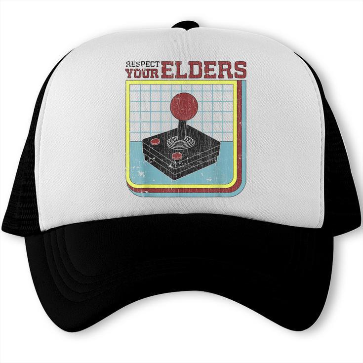 Respect Your Elders Retro Gamer Joystick Back To School Trucker Cap Respect Your Elders Retro Gamer Joystick Back To School Trucker Cap
