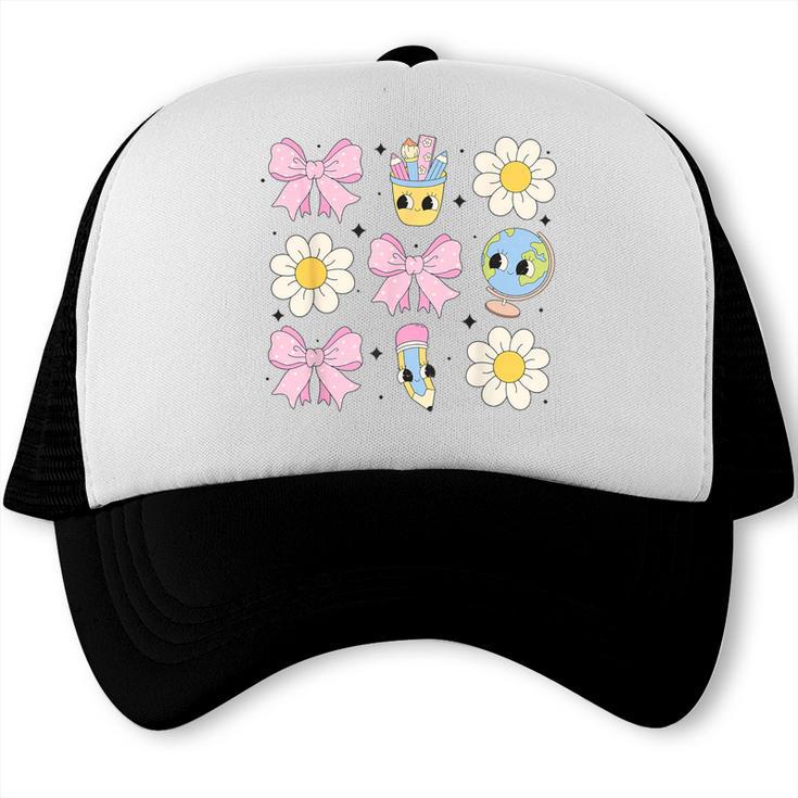 Retro Groovy Back To School Coquette First Day Of School Trucker Cap Retro Groovy Back To School Coquette First Day Of School Trucker Cap