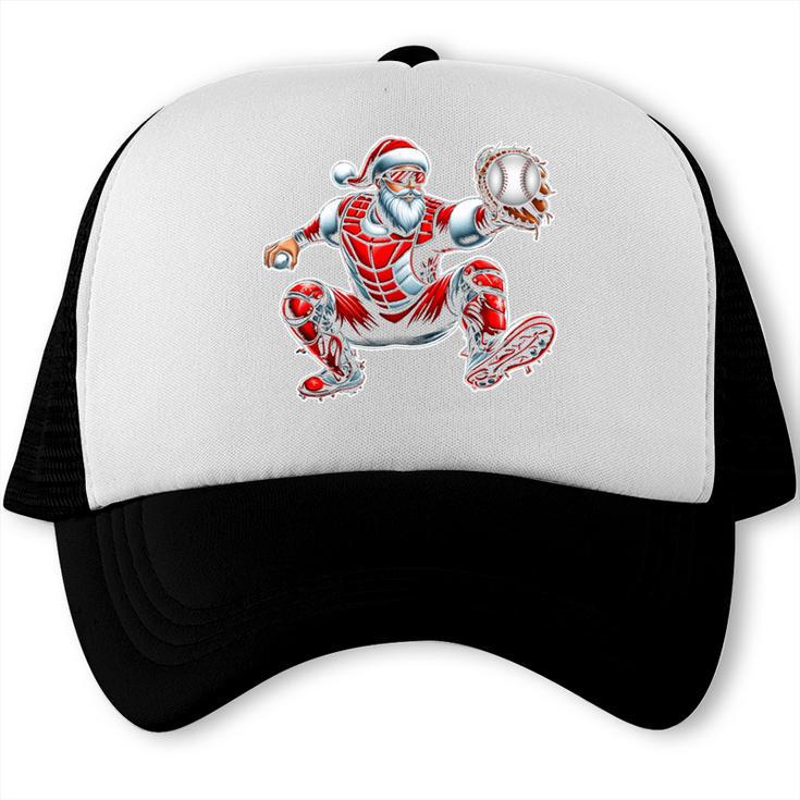 Santa Playing Baseball Catcher Merry Christmas Sport Player Trucker Cap Santa Playing Baseball Catcher Merry Christmas Sport Player Trucker Cap