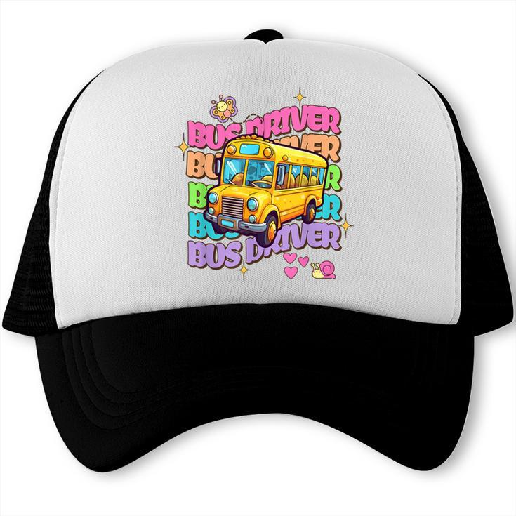 School Bus Driver Groovy Retro Back To School Trucker Cap