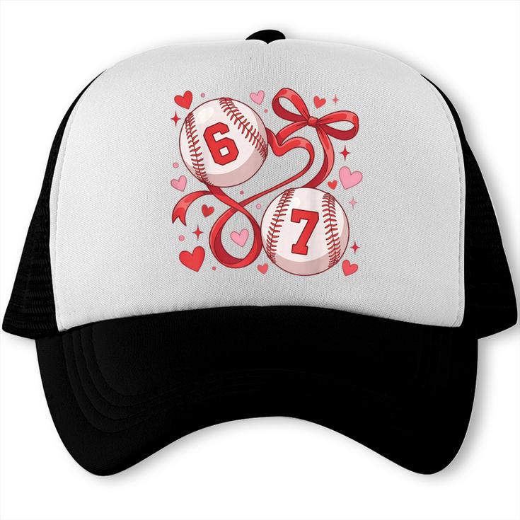 Six Seven Baseball Lover Sports Red Heart Bow Valentine Girl Trucker Cap