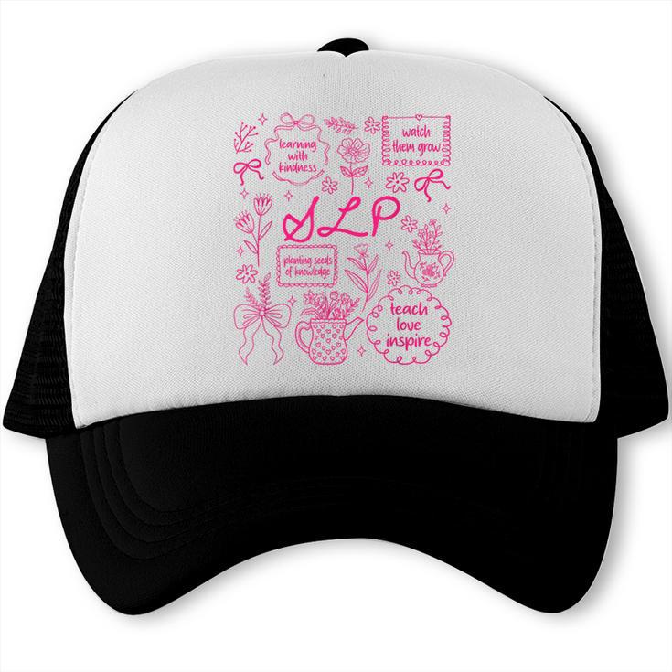 SLP Love Inspire Teach Pink Bow Back To School Trucker Cap