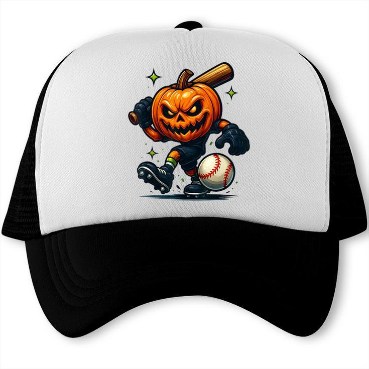 Spooky Halloween Scary Pumpkin Baseball Player Witchy Vibes Trucker Cap
