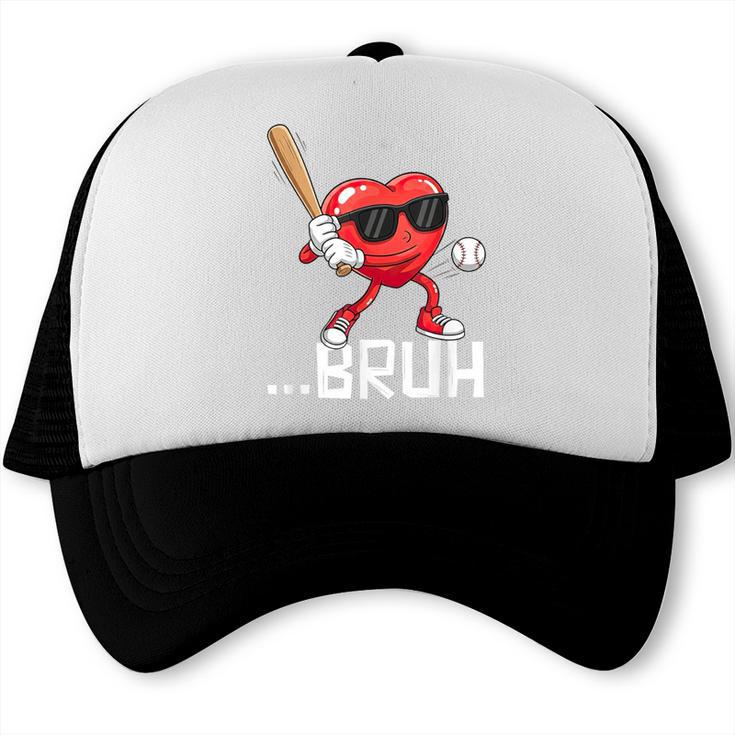 Valentines Bruh Red Heart Playing Baseball Men Boys Kids Trucker Cap