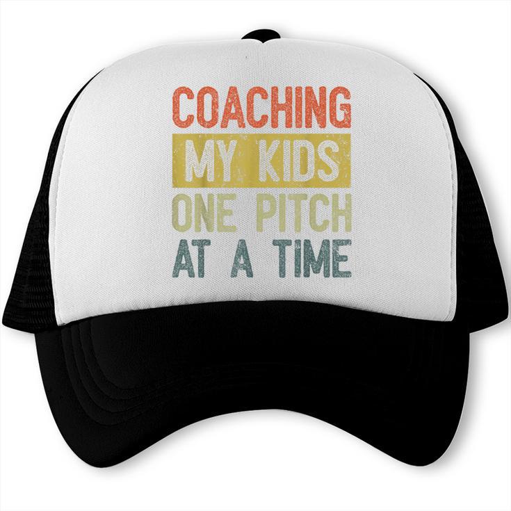 Vintage Baseball Dad Coaching My Kids One Pitch At A Time Trucker Cap Vintage Baseball Dad Coaching My Kids One Pitch At A Time Trucker Cap