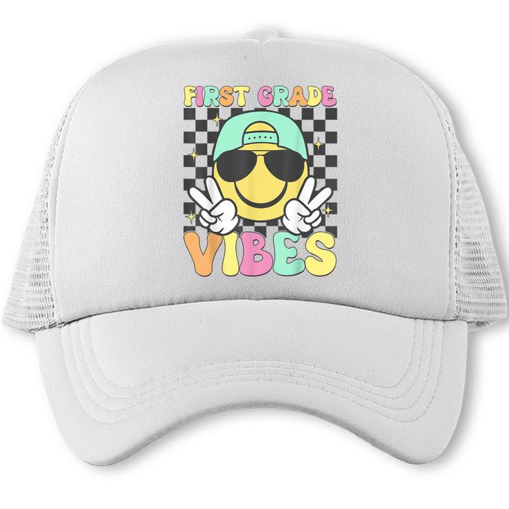 1st Grade Vibes Smile Face Back To School First Grade Trucker Cap