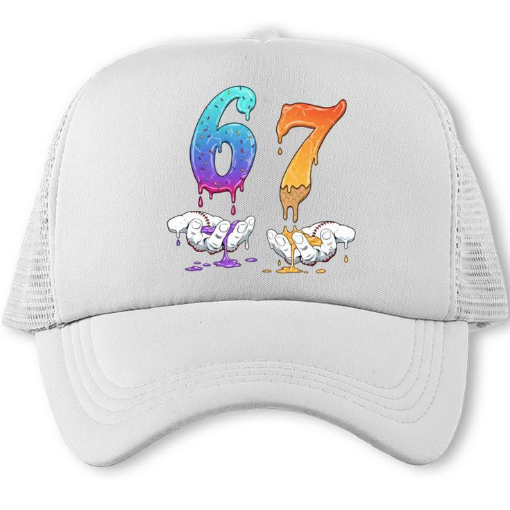 67 Meme Baseball Kids Girls Humor Number 6 7 Trucker Cap