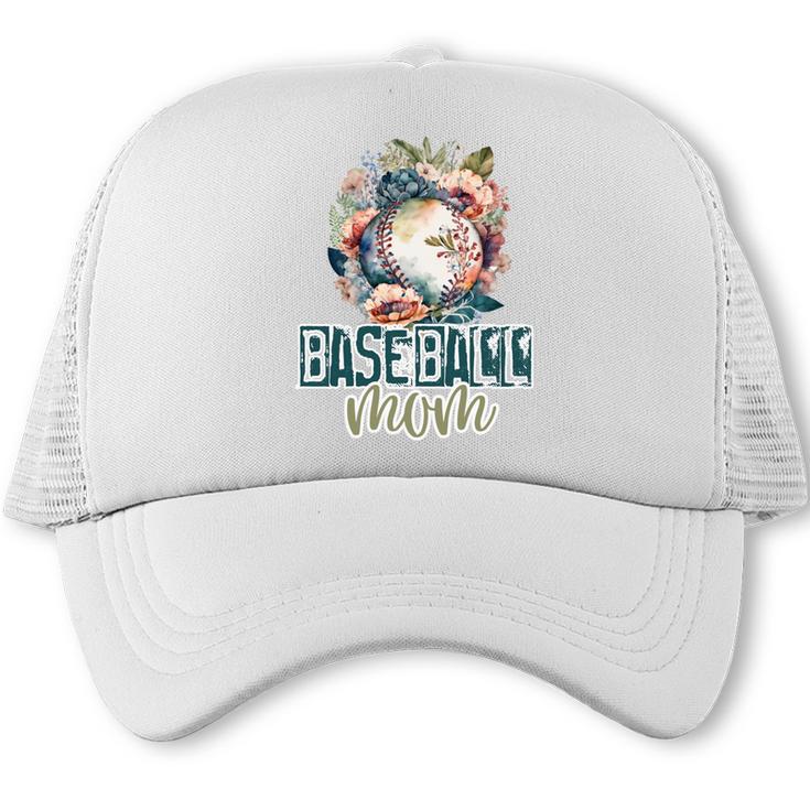 Artsy Baseball Mom Flowers Unique Game Day Ball Distressed Trucker Cap