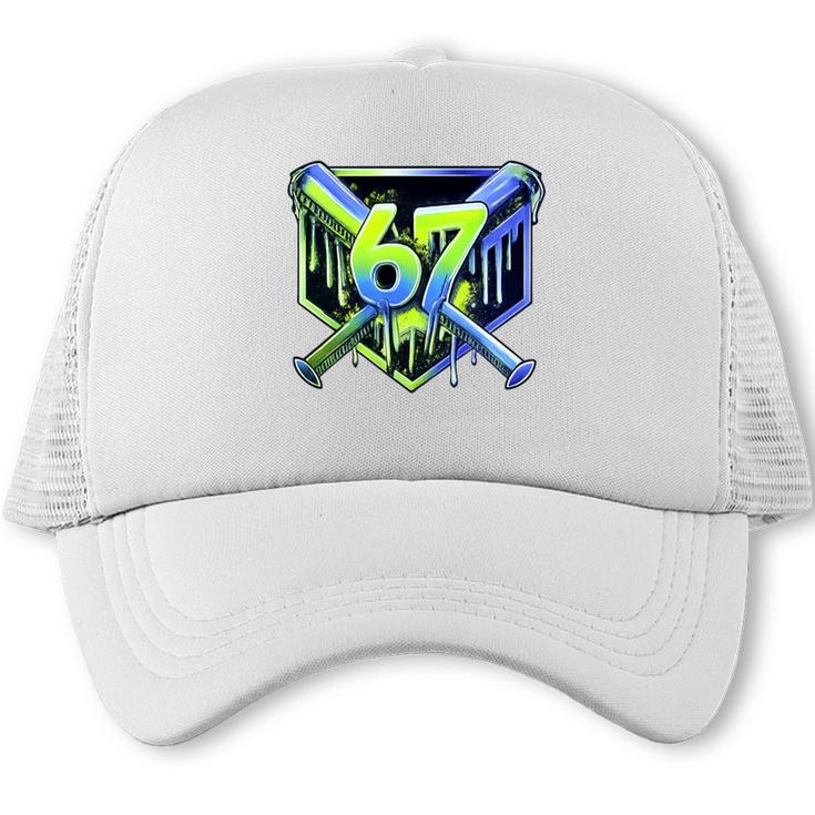 Awesome 67 Baseball Drip Effect Baseball 6-7 Meme Graphic Premium Tri-Blend Trucker Cap